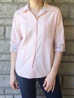 90s Peach Pinstripe Button Down - Elbow Length Sleeves